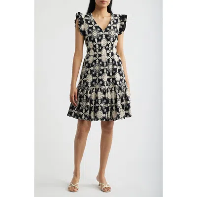 Anne Klein Ruffle V-neck Cotton Dress In Black