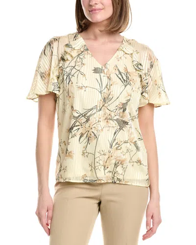 Anne Klein Ruffle V-neck Printed Chiffon Blouse In Neutral