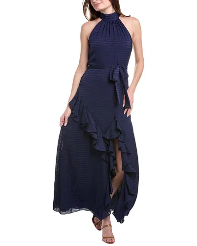 Anne Klein Satin Check Asymmetrical Ruffle Hem Maxi Dress In Blue