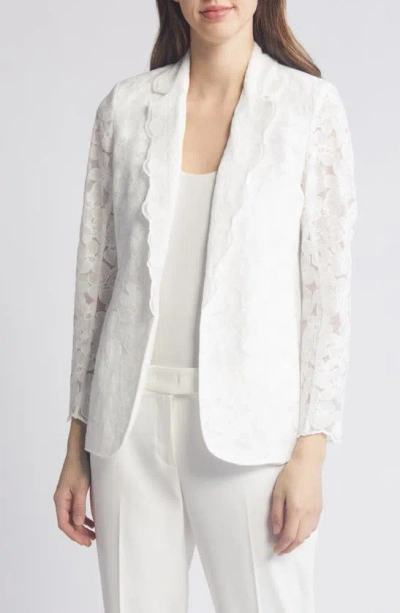 Anne Klein Scallop Edge Floral Lace Jacket In Bright White