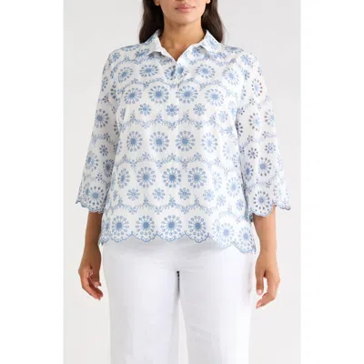 Anne Klein Scallop Eyelet Button Up Shirt In Crisp White/lagoon