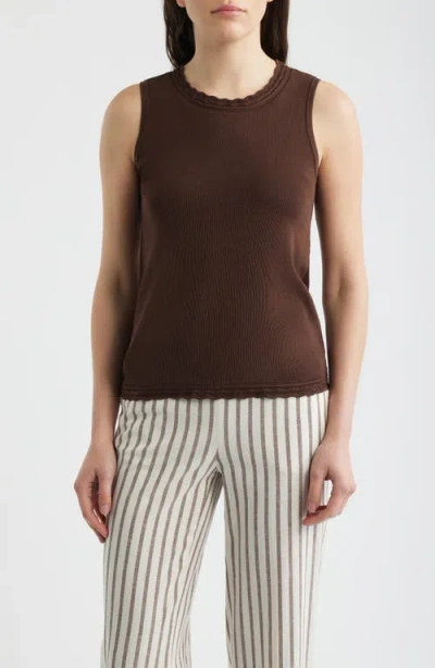 Anne Klein Scallop Trim Sleeveless Sweater In Brown