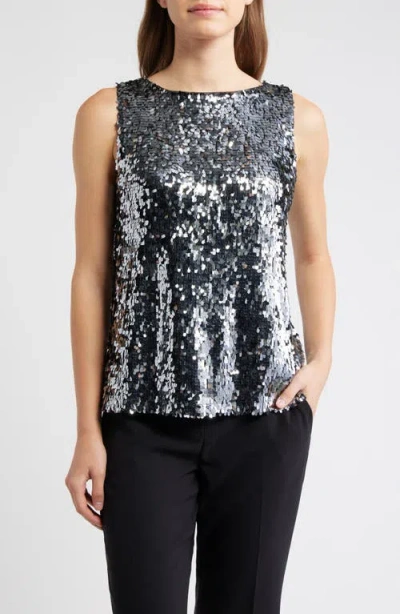 Anne Klein Sequin Boat Neck Tank In Silver