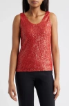 Anne Klein Sequin Double Scoop Neck Mesh Tank In Red
