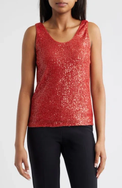 Anne Klein Sequin Double Scoop Neck Mesh Tank In Red
