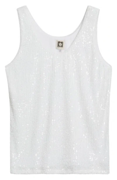 Anne Klein Sequin Double Scoop Neck Mesh Tank In Bright White