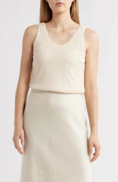 Anne Klein Sequin Double Scoop Neck Mesh Tank In Neutral
