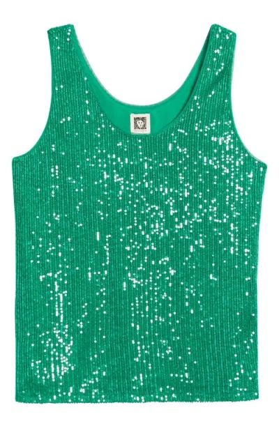 Anne Klein Sequin Double Scoop Neck Mesh Tank In Tropical Green