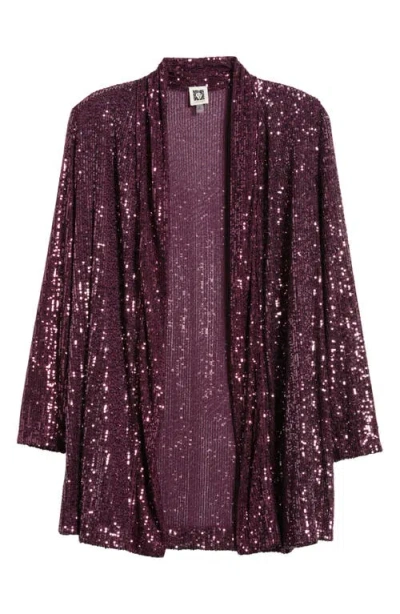 Anne Klein Sequin Draped Open Front Cardigan In Deep Plum