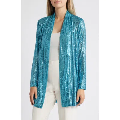 Anne Klein Sequin Draped Open Front Cardigan In Pool Blue