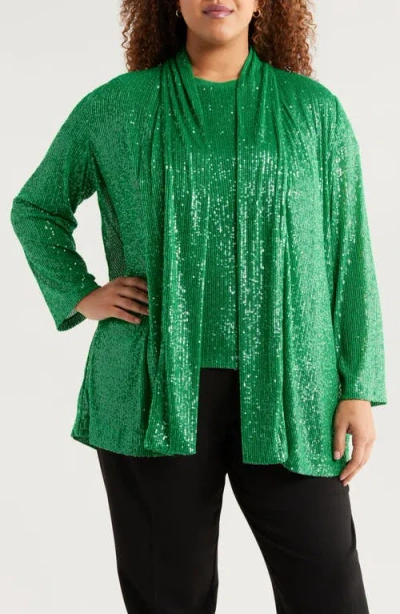 Anne Klein Sequin Draped Open Front Cardigan In Green