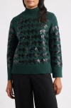 Anne Klein Sequin Houndstooth Mock Neck Sweater In Green