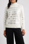 Anne Klein Sequin Houndstooth Mock Neck Sweater In White