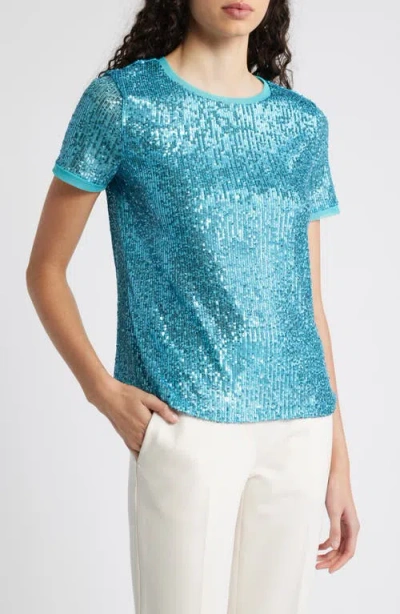 Anne Klein Plus Size Sequined Mesh-trim Short-sleeve Top In Pool Blue