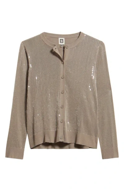 Anne Klein Sequin Metallic Stripe Crewneck Cardigan In Brown