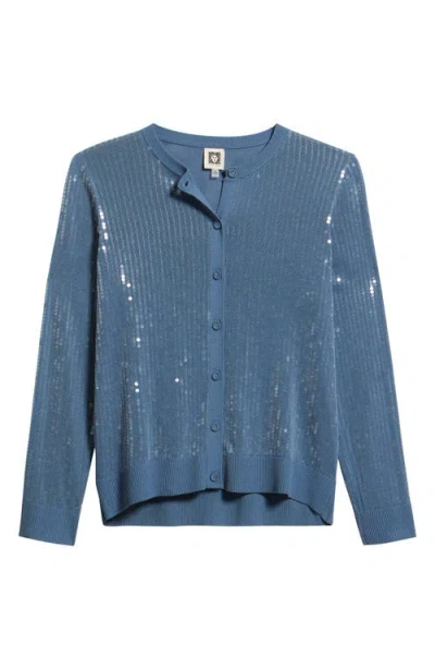 Anne Klein Sequin Metallic Stripe Crewneck Cardigan In Blue