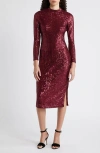 Anne Klein Sequin Mock Neck Long Sleeve Midi Dress In Red Ruby