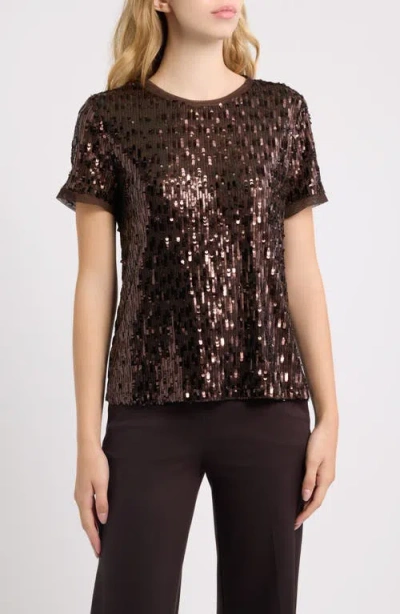 Anne Klein Sequin Short Sleeve Top In Brown