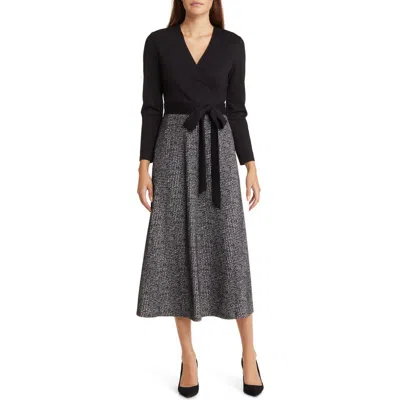 Anne Klein Serenity Mixed Media Long Sleeve Midi Dress In Anne Black/anne White