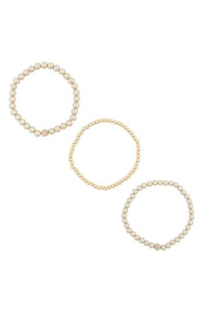 Anne Klein Set Of Three Crystal & Imitation Pearl Beaded Stretch Bracelets In Gold
