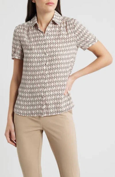 Anne Klein Shirred Short Sleeve Button-up Shirt In Nude