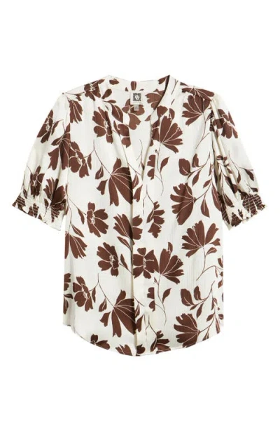 Anne Klein Shirred Short Sleeve Button-up Shirt In Neutral