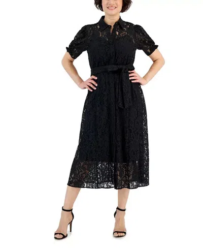 Anne Klein Shirt Dress Womens Black Lace Detail Puff Sleeve Tie Waist Fts1487