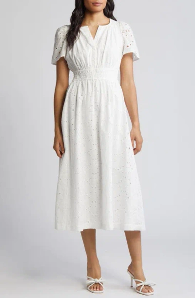 Anne Klein Short Sleeve Cotton Eyelet Midi Dress In Pearl Whit
