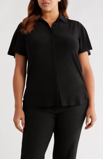 Anne Klein Short Sleeve Knit Button-up Shirt In Black
