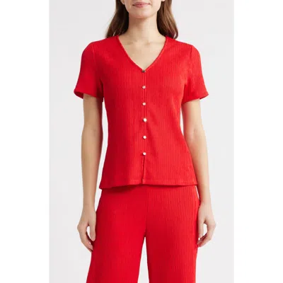 Anne Klein Short Sleeve Knit Button-up Shirt In Purple