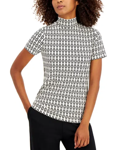 Anne Klein Short-sleeve Mock-neck Top In Anne White,anne Black