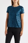 Anne Klein Short Sleeve Sequin Mesh Top In Blue