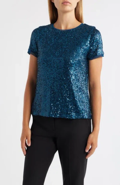 Anne Klein Short Sleeve Sequin Mesh Top In Blue