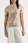 Anne Klein Short Sleeve Sequin Mesh Top In Brown