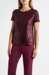 Anne Klein Short Sleeve Sequin Mesh Top In Burgundy