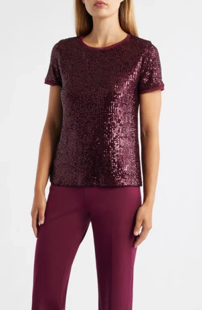Anne Klein Short Sleeve Sequin Mesh Top In Burgundy
