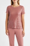 Anne Klein Short Sleeve Sequin Mesh Top In Neutral