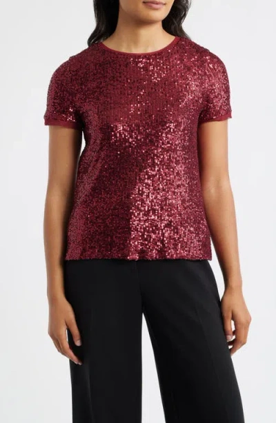 Anne Klein Short Sleeve Sequin Mesh Top In Red