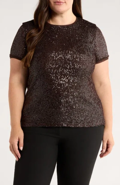 Anne Klein Short Sleeve Sequin Top In Brown
