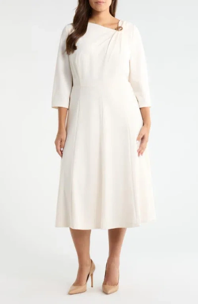 Anne Klein Shoulder Pin Asymmetric Long Sleeve Midi Dress In White