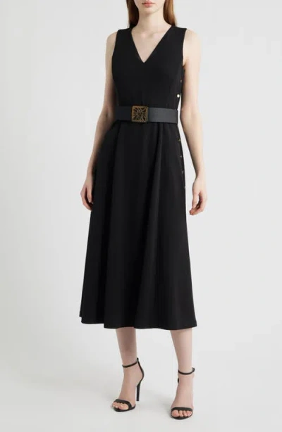 Anne Klein Side Button Cool Crepe Midi Dress In Black