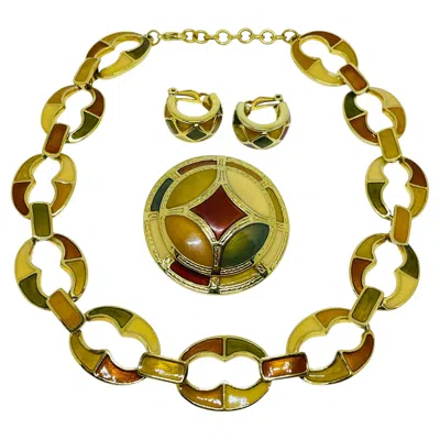 Pre-owned Anne Klein Signed Vintage Gold Tone Enamel Designer Necklace Earrings Brooch Set In Multi