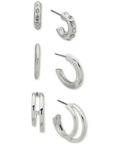 Anne Klein Silver-tone 3-pc. Set Pave C-hoop Earrings