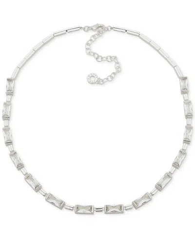 Anne Klein Silver-tone Baguette Cubic Zirconia Collar Necklace, 16" + 3" Extender In White