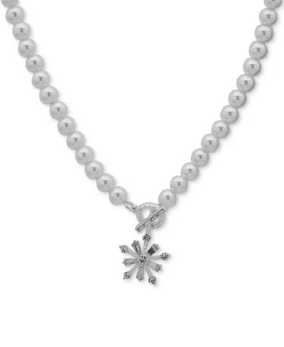 Anne Klein Silver-tone Crystal & Imitation Pearl Snowflake Pendant Necklace, 16" + 3" Extender In Silver,pearl