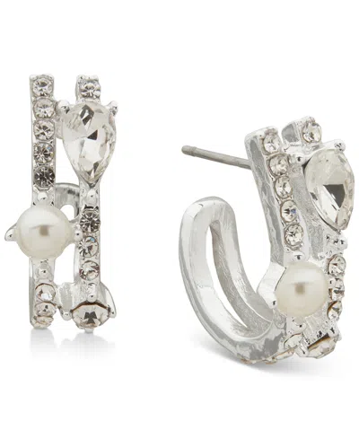 Anne Klein Silver-tone Crystal & Imitation Pearl Two Row C Hoop Earrings