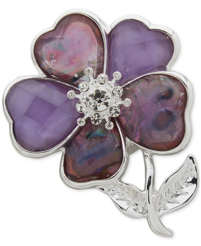 Anne Klein Silver-tone Crystal & Stone Flower Pin In Purple