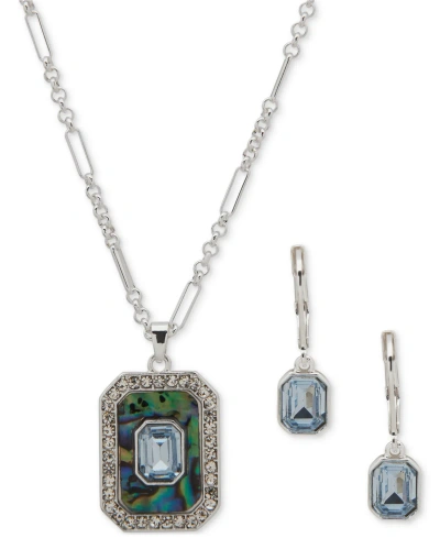 Anne Klein Silver-tone Crystal Emerald-cut Pendant Necklace & Earrings Set In Aqua Blue