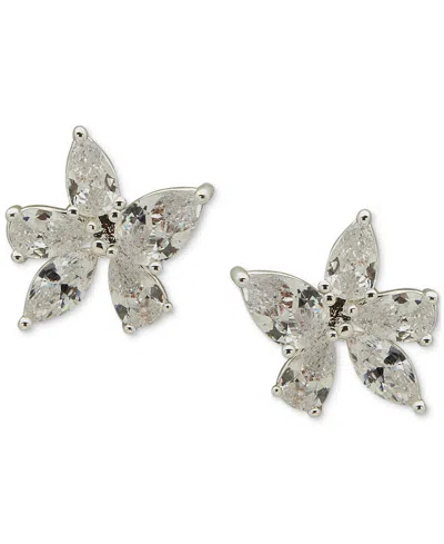 Anne Klein Silver-tone Crystal Flower Stud Earrings In Crystal,silver