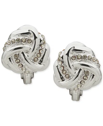 Anne Klein Silver-tone Crystal Twisted Knot Button Clip Earrings